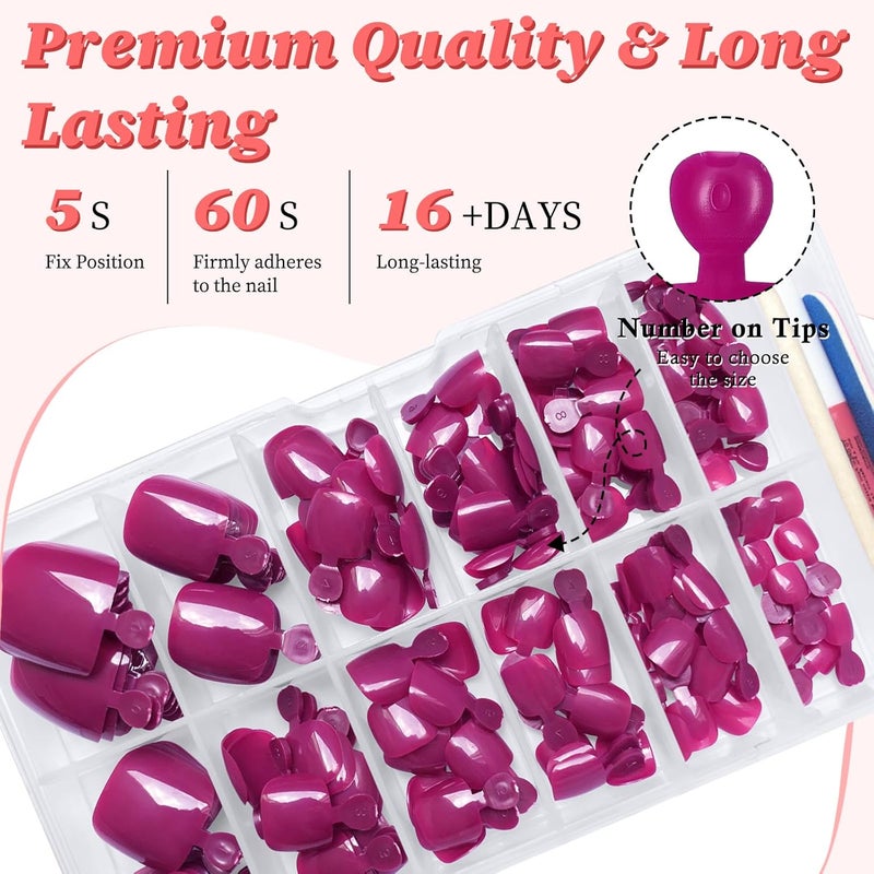 LuckForever 168pc Press on Toenails Women Fake Toe Nails with Adhesive Tabs, Magenta Fake Toenails Press on Nails Toe Acrylic Nail Tips Short Square False Toenail Artificial Toe Nails Press ons - Image 4